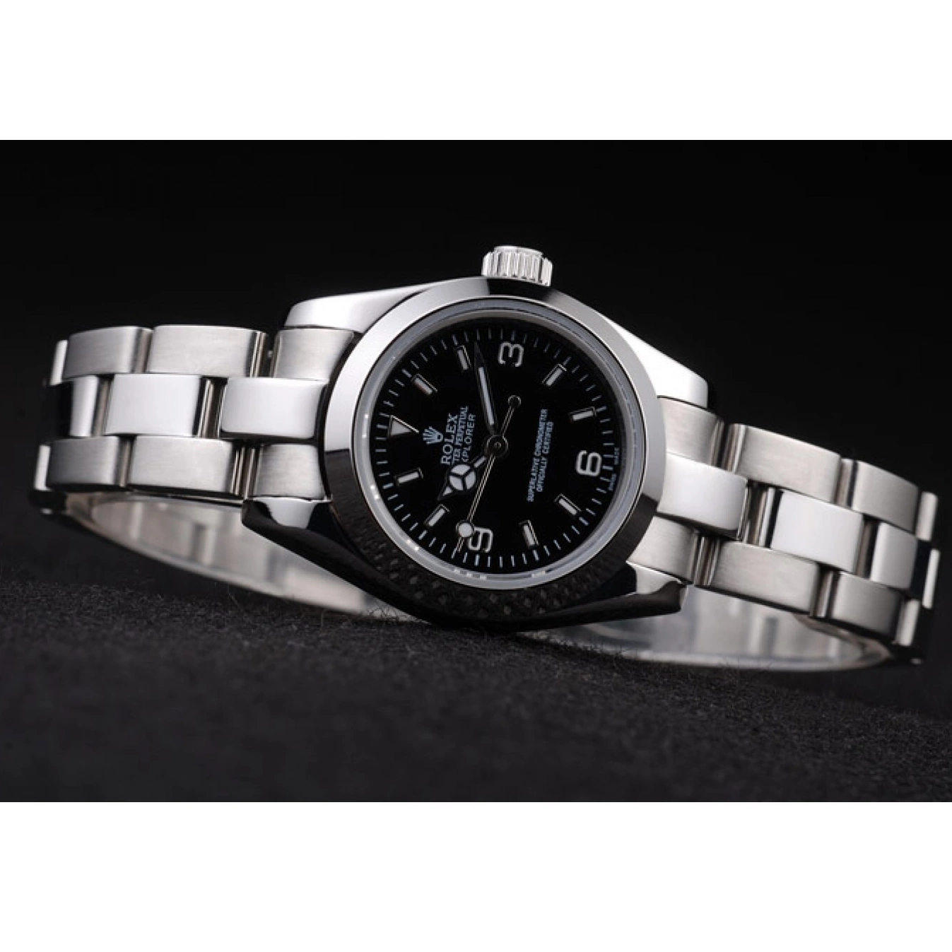 Aaa replica watch Explorer Dial Polished Stainless Steel Rolex Black 98089 0630